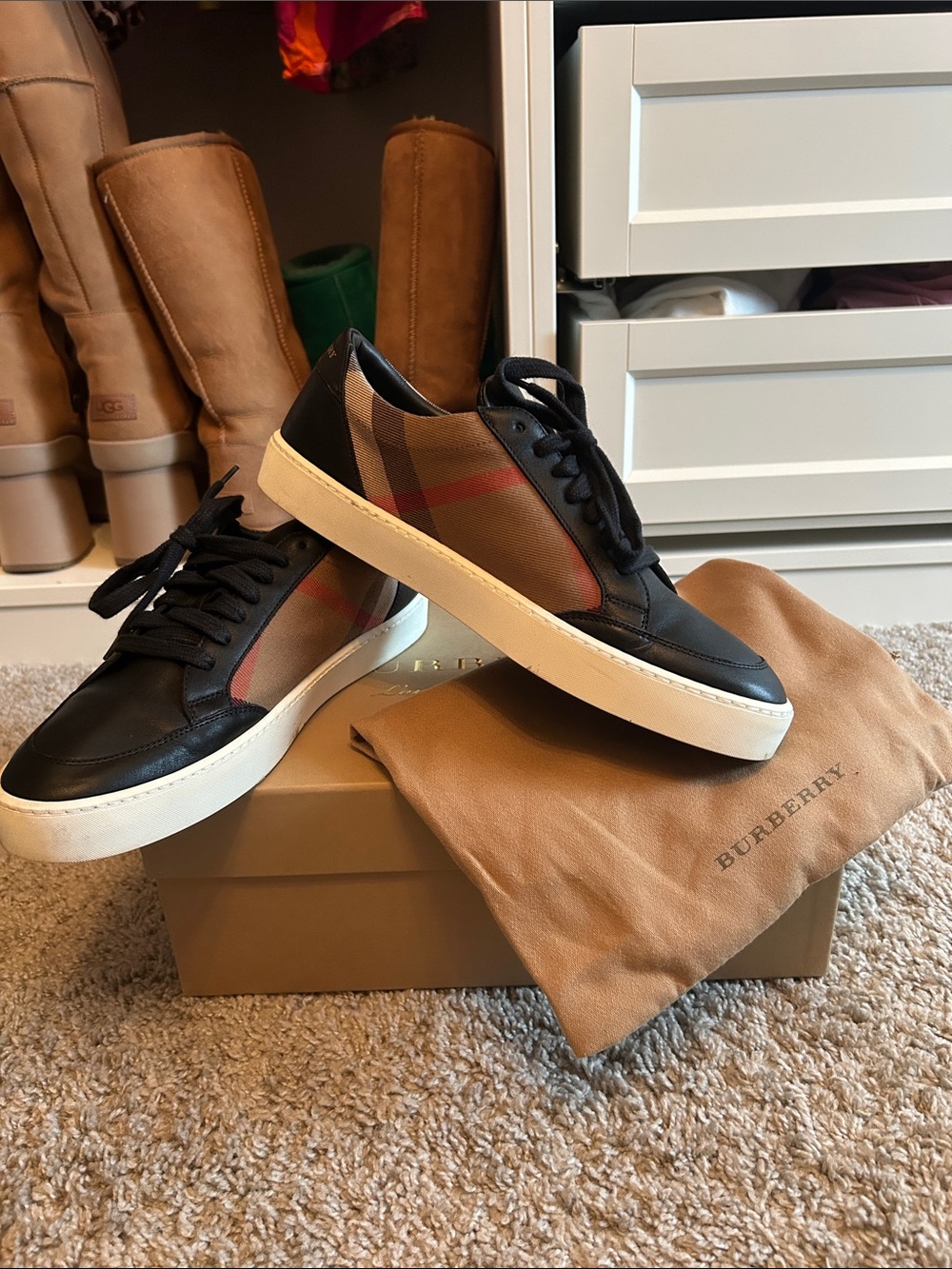 Burberry Black Leather & Vintage Check Low-Top Sneakers
